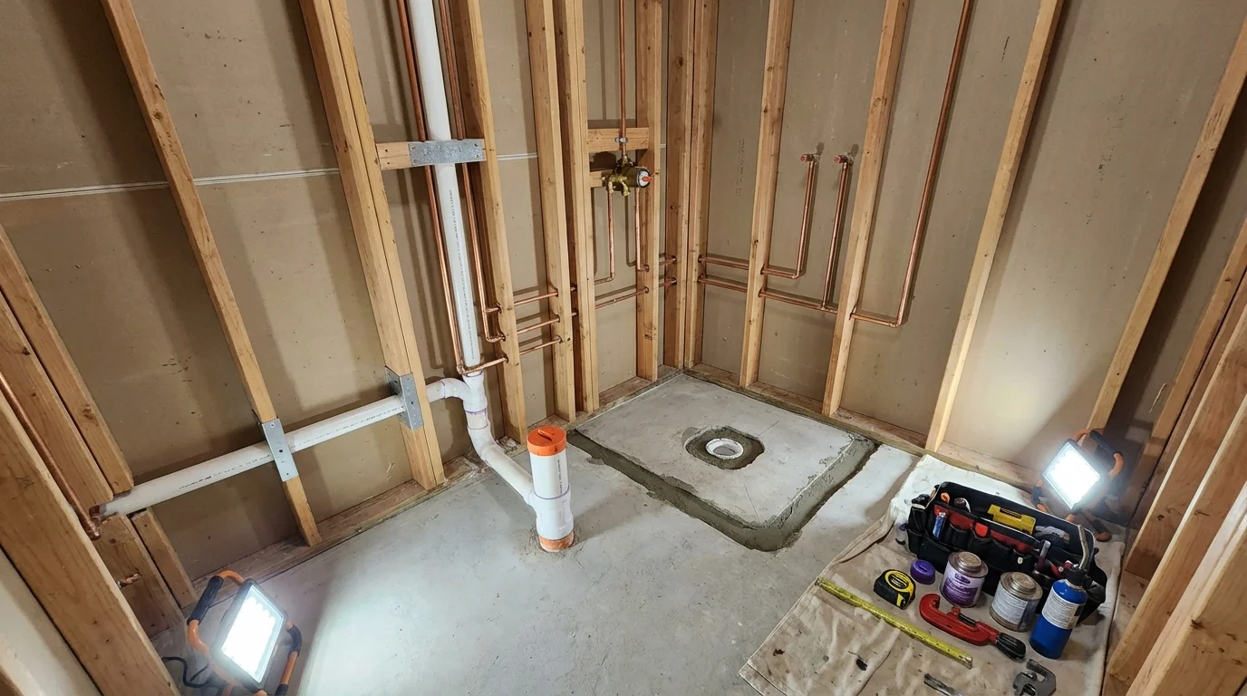 Bathroom rough-in plumbing during remodel by Johns Plumbing LLC in Moreno Valley