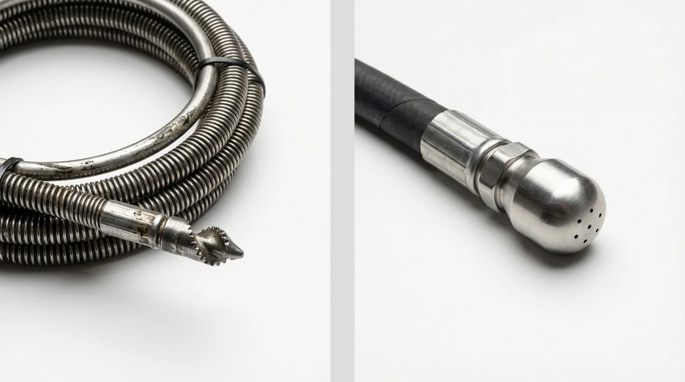 Drain snake cable and hydro jetting nozzle used for drain cleaning in Moreno Valley, CA