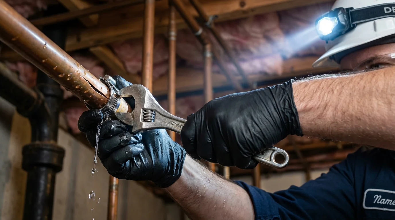 Emergency pipe clamp repair being performed by a Johns Plumbing LLC plumber in Moreno Valley