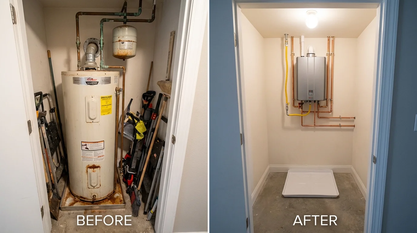 Tank water heater versus wall-mounted tankless unit comparison for Moreno Valley, CA homeowners