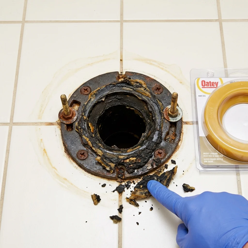 Failed wax ring showing water seepage at the base of a toilet in a Moreno Valley, CA home